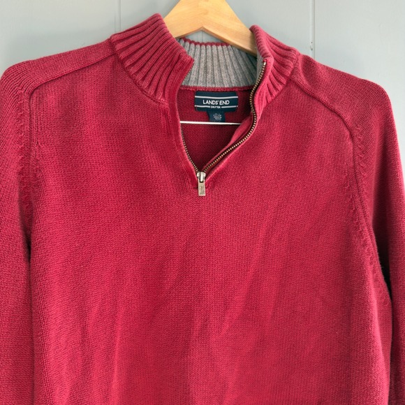 vintage Lands' End Drifter Sweater cotton 90s y2k red zip mock neck 1/4 zip L - Picture 1 of 10